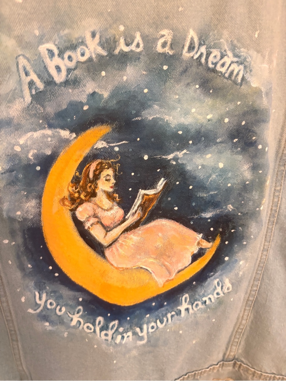 Universal Thread Light Blue Denim Jacket with Hand-Painted Moon Scene